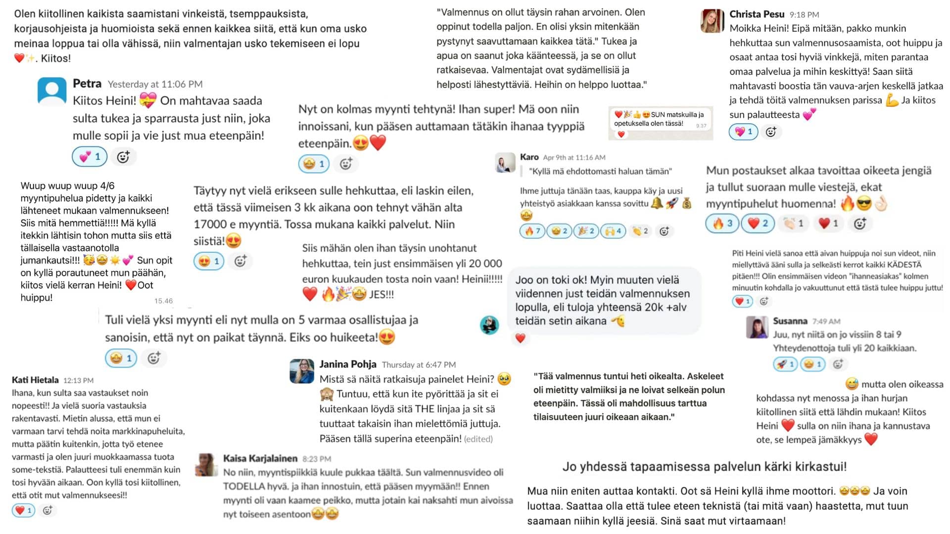 Bisnestakomon asiakaspalautteita Slackissä, WhatsAppissa ja Instagramissa